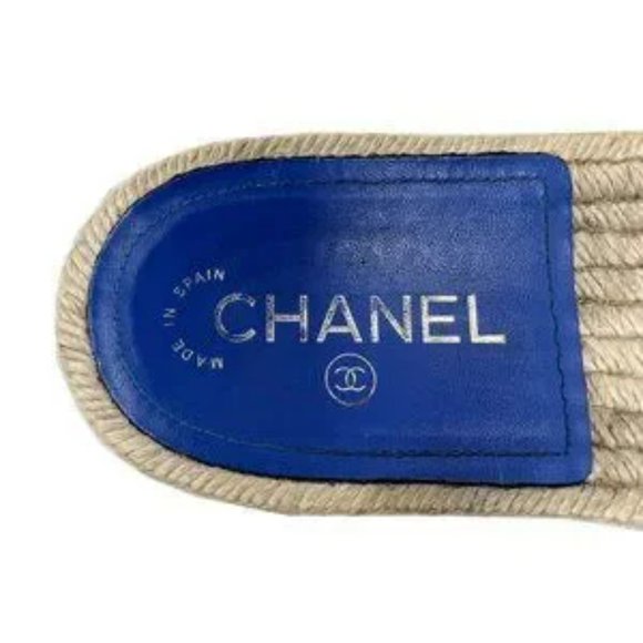 Chanel CC Logo Blue White Tweed Espadrille Flats Mule Sandal Slides - Picture 2 of 5